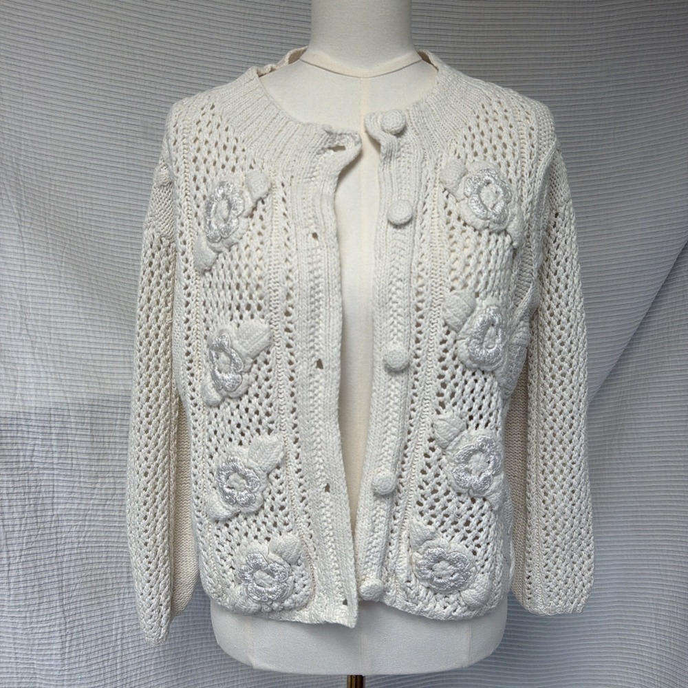 VINTAGE EXPRESS COTTON CARDIGAN SWEATER HANDKNIT CHUNKY KNIT FLORAL S M Crochet